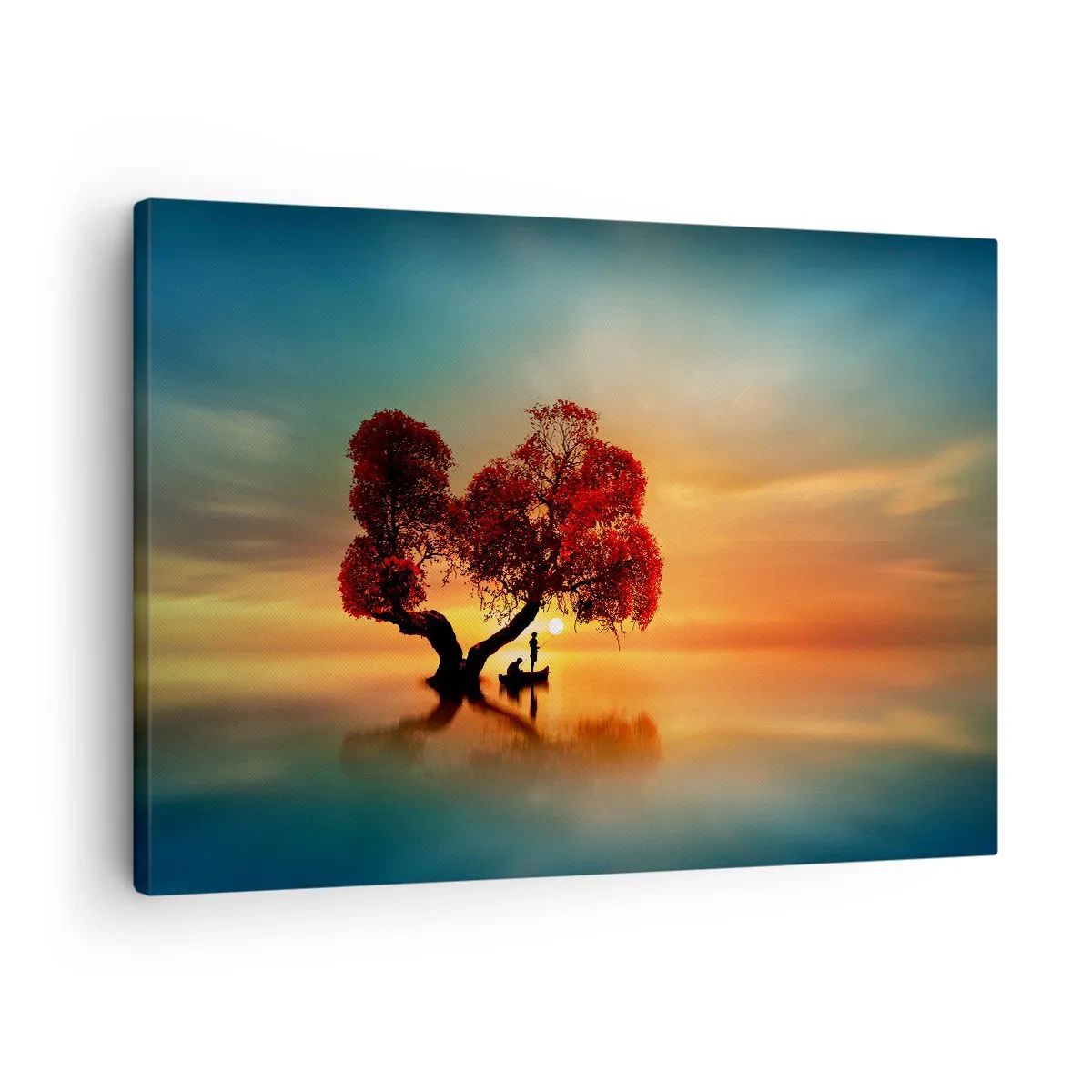 Cuadro sobre lienzo - Impresión de Imagen - Un árbol de hojas rojas y un barco en el agua al atardecer. - 70x50cm - La lejanía y el silencio del mundo - Decoración de pared moderna para salón y dormitorio ARTTOR