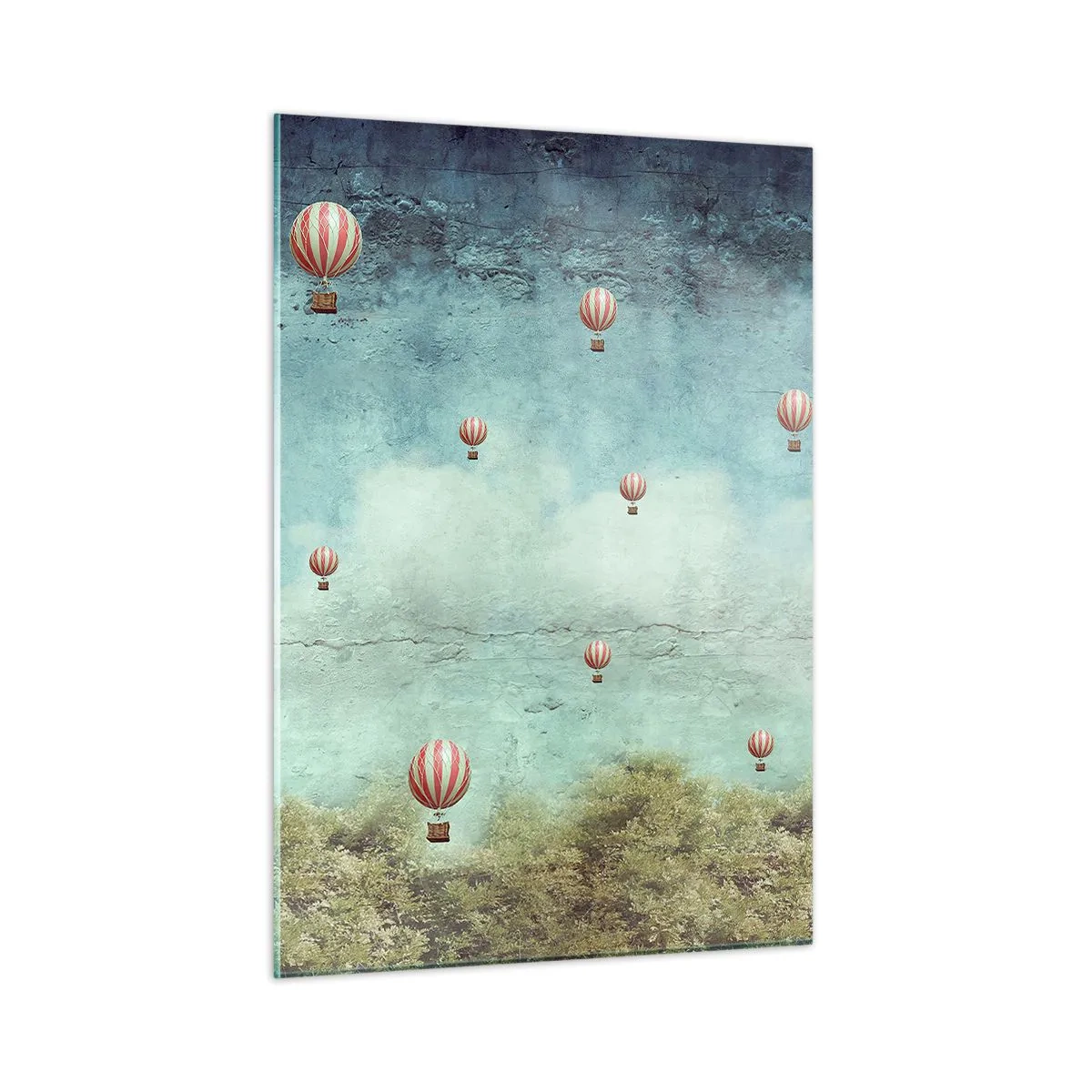 Cuadro sobre vidrio - Impresiones sobre Vidrio - Globos flotando sobre un paisaje verde. - 50x70cm - Libre del ajetreo de la vida - Decoración de pared moderna para salón y dormitorio ARTTOR
