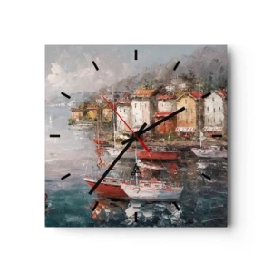 Reloj de pared - Reloj de vidrio - Paisaje costero con barcos y casas de colores. - 30x30cm - Un refugio romántico - Decoración de pared moderna para salón y dormitorio ARTTOR