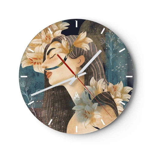 Reloj de pared - Reloj de vidrio - Retrato de una mujer con los ojos cerrados rodeada de lirios. - 30x30cm - Cuento de princesa con lirios - Decoración de pared moderna para salón, cocina y dormitorio ARTTOR