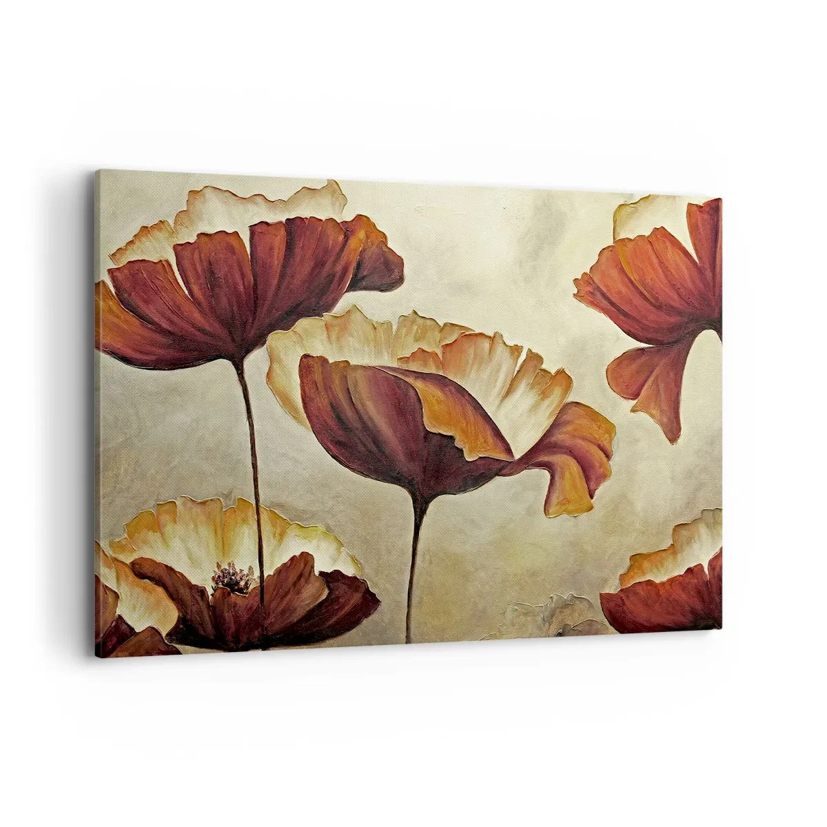 Cuadro sobre lienzo - Impresión de Imagen - Flores sutiles en tonos rojos y dorados sobre un fondo claro. - 120x80cm - Prado de prados - Decoración de pared moderna para salón y dormitorio ARTTOR