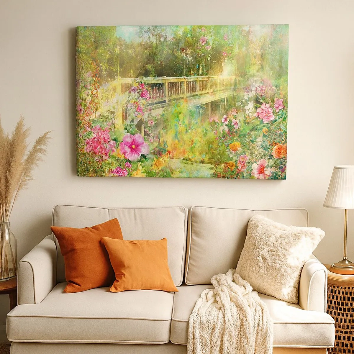 Cuadro sobre lienzo - Impresión de Imagen - Un puente rodeado de exuberante vegetación y flores. - 70x50cm - Un puente de suspiros de primavera - Decoración de pared moderna para salón y dormitorio ARTTOR