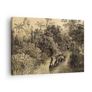 Cuadro sobre lienzo - Impresión de Imagen - Dibujo de una jungla con un barco en un río. - 70x50cm - Expedición a la fuente - Decoración de pared moderna para salón y dormitorio ARTTOR