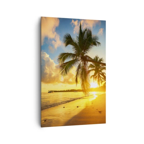 Cuadro sobre lienzo - Impresión de Imagen - Playa al atardecer con palmeras en la orilla del mar - 80x120cm - Un sueño caribeño - Decoración de pared moderna para salón y dormitorio ARTTOR