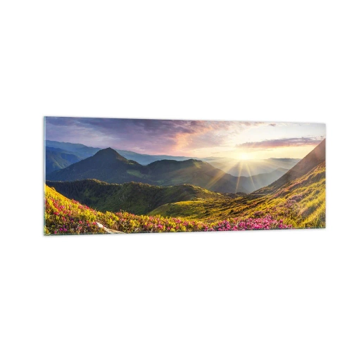 Cuadro sobre vidrio - Impresiones sobre Vidrio - Paisaje de montaña con rododendros en flor - 140x50cm - La frescura de una mañana de montaña - Decoración de pared moderna para salón y dormitorio ARTTOR