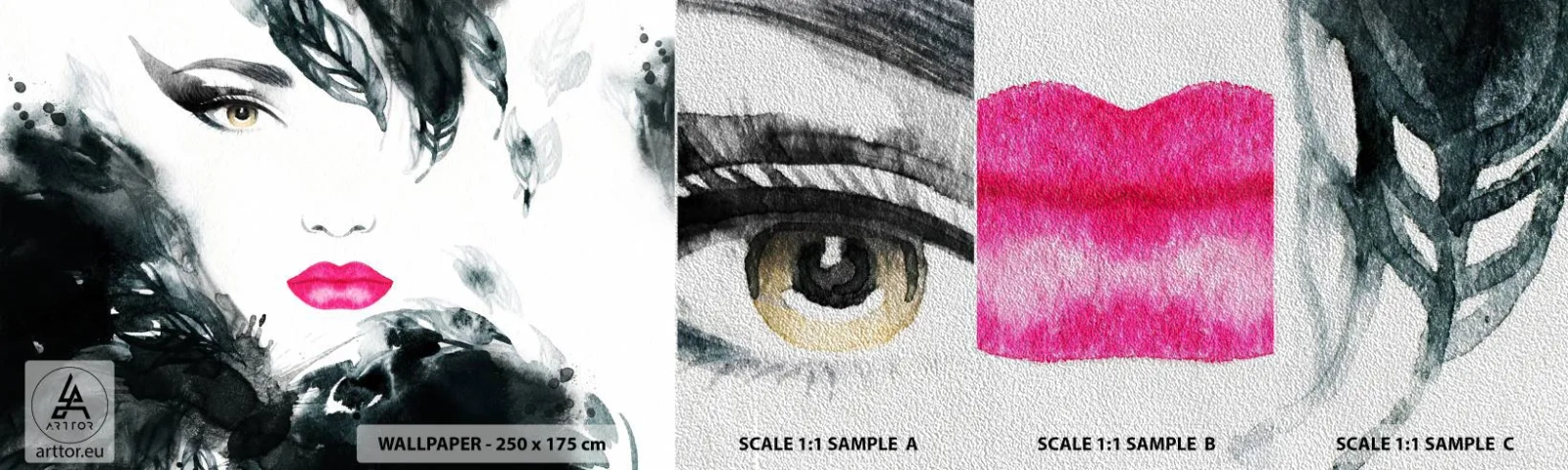 Muestra de fotomural Premium Sand - ¡Cuidado! Femme fatale - Abstracción, cara de mujer, retrato de una mujer - 100x30 cm