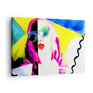 Cuadro sobre lienzo - Impresión de Imagen - Retrato colorido de una mujer con gafas de sol. - 70x50cm - Contrastes - Decoración de pared moderna para salón y dormitorio ARTTOR