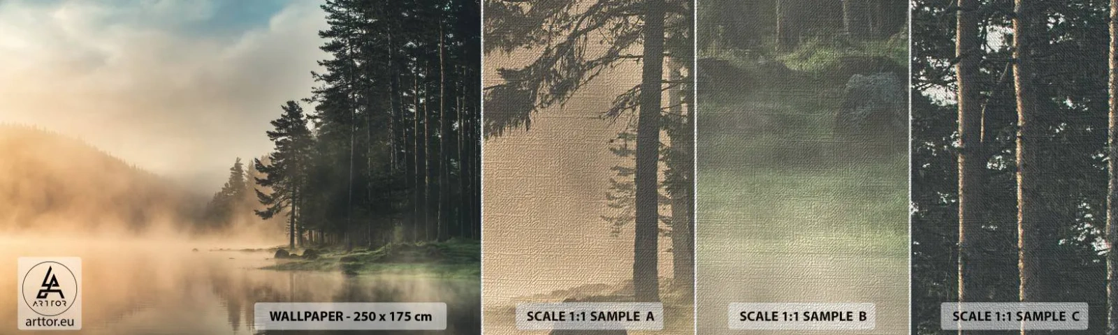 Muestra de fotomural Premium Canvas - El nacimiento de un día - Paisaje, Lago, Bosque - 100x30 cm