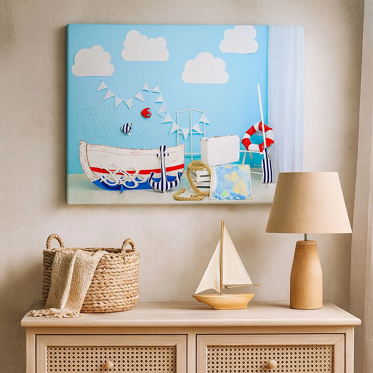 Cuadro sobre lienzo - Impresión de Imagen - Decoración náutica con barco y accesorios sobre fondo azul. - 70x50cm - El ansia de aventura de un niño - Decoración de pared moderna para salón y dormitorio ARTTOR