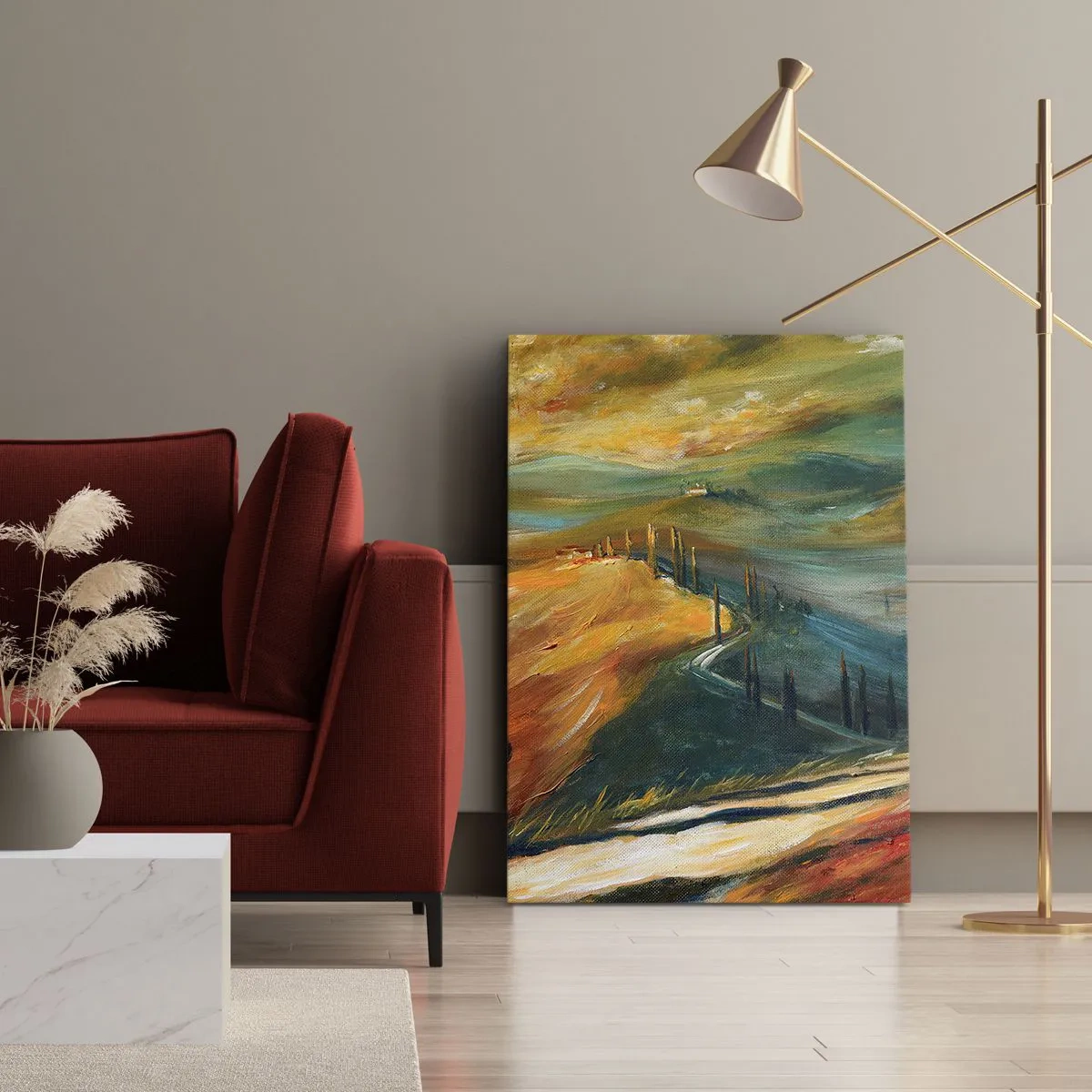 Cuadro sobre lienzo - Impresión de Imagen - Paisaje toscano con campos, camino y cipreses. - 50x70cm - Paisaje toscano - Decoración de pared moderna para salón y dormitorio ARTTOR