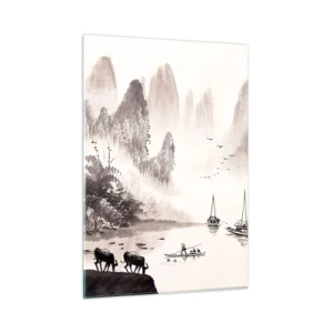 Cuadro sobre vidrio - Impresiones sobre Vidrio - Paisaje chino con montañas, árboles y agua. - 50x70cm - La exótica vida cotidiana de Oriente - Decoración de pared moderna para salón y dormitorio ARTTOR