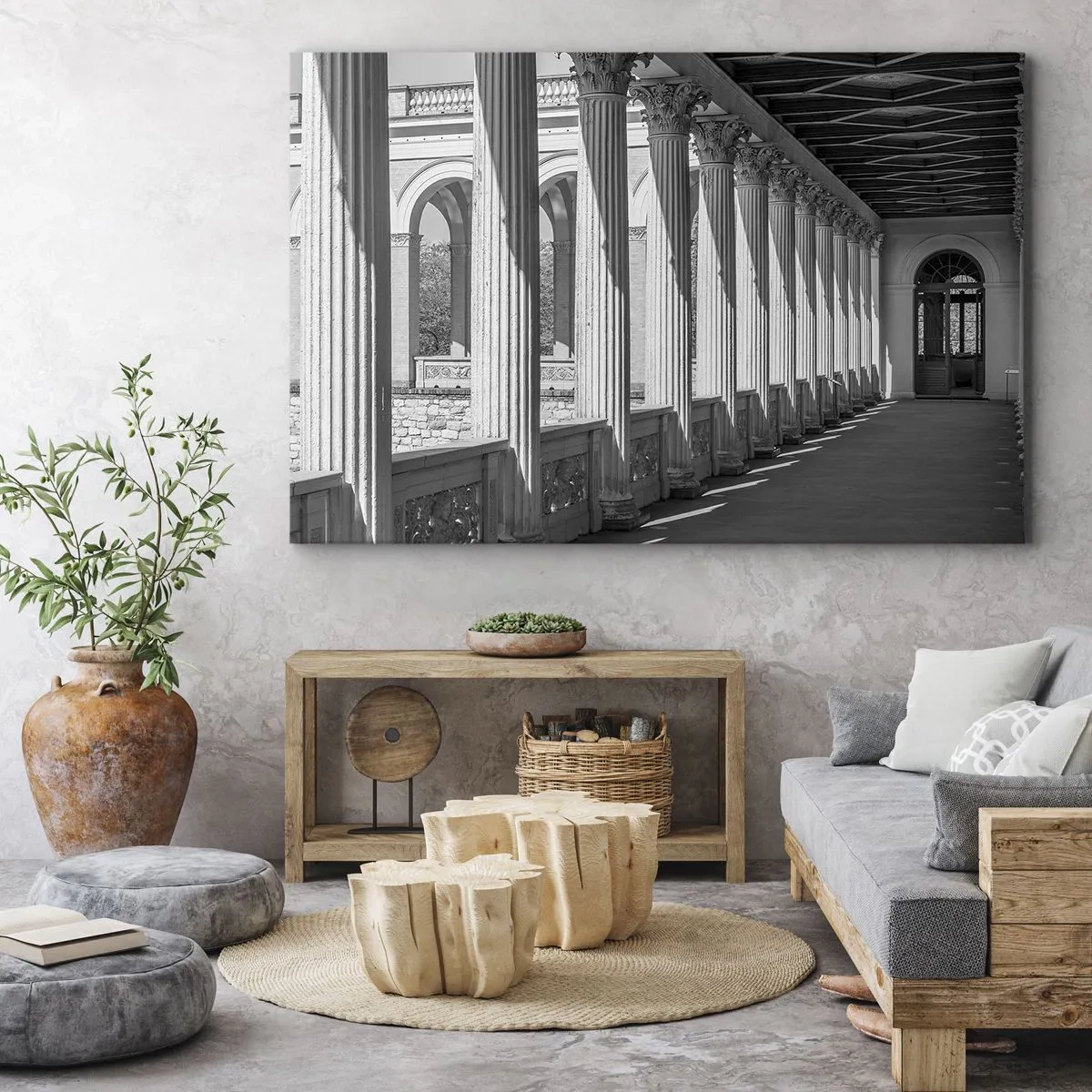 Cuadro sobre lienzo - Impresión de Imagen - Columnata de estilo clásico en blanco y negro - 70x50cm - Galería soleada - Decoración de pared moderna para salón y dormitorio ARTTOR