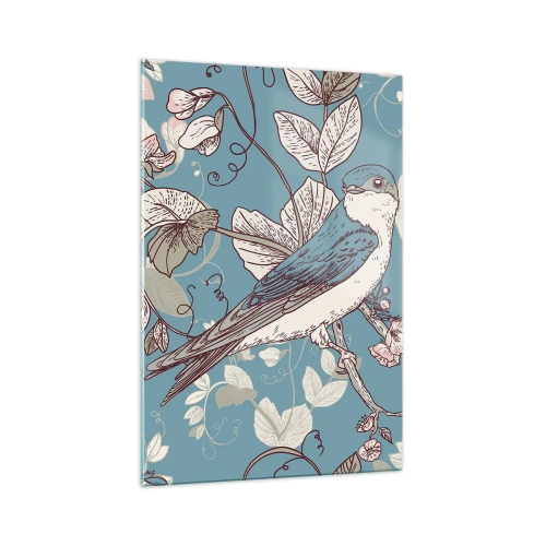 Cuadro sobre vidrio - Impresiones sobre Vidrio - Un pájaro en una rama en un delicado estilo floral. - 70x100cm - En el cerezo - Decoración de pared moderna para salón y dormitorio ARTTOR