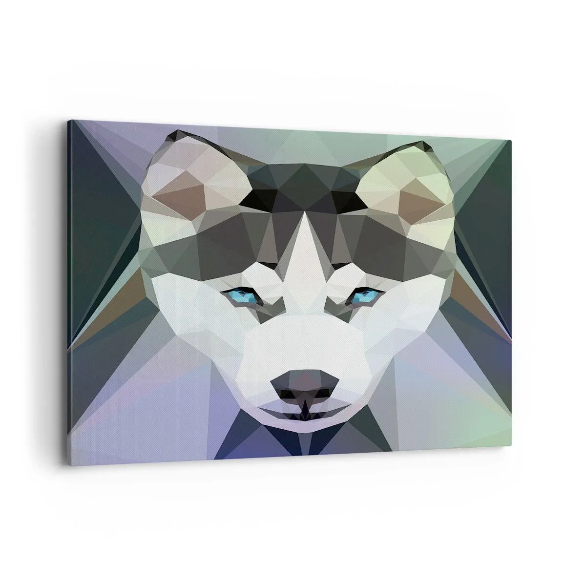 Cuadro sobre lienzo - Impresión de Imagen - Lobo geométrico con expresivos ojos azules. - 120x80cm - El recuerdo de las nieves del norte - Decoración de pared moderna para salón y dormitorio ARTTOR