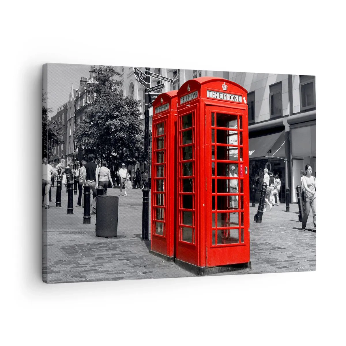 Cuadro sobre lienzo - Impresión de Imagen - Cabinas telefónicas rojas sobre un fondo urbano en blanco y negro. - 70x50cm - Cabinas telefónicas rojas - Decoración de pared moderna para salón y dormitorio ARTTOR