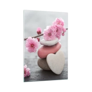 Cuadro sobre vidrio - Impresiones sobre Vidrio - Delicadas flores de cerezo con piedras en forma de corazón. - 70x100cm - Felicidad con la flor del cerezo - Decoración de pared moderna para salón y dormitorio ARTTOR