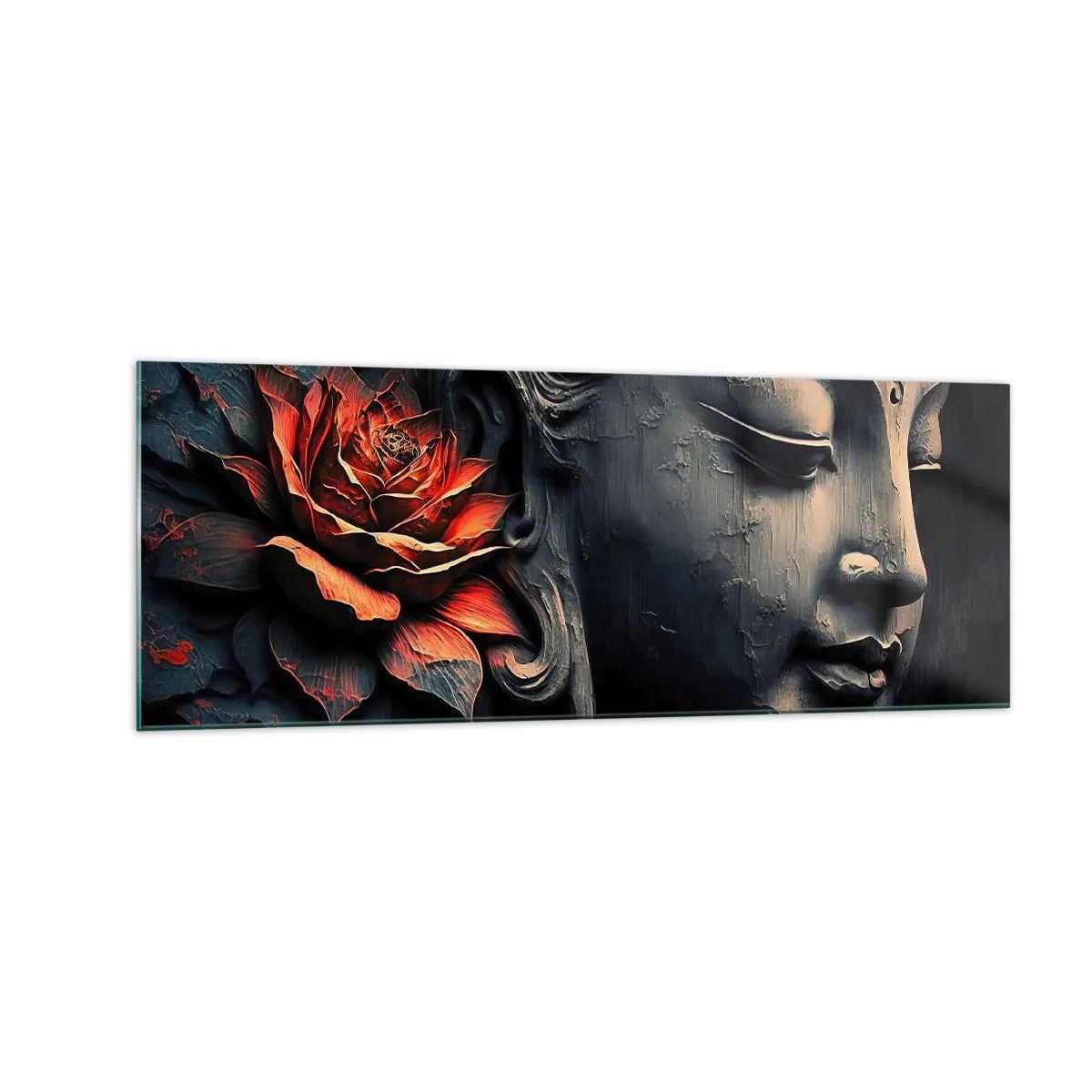Cuadro sobre vidrio - Impresiones sobre Vidrio - Escultura de Buda con una flor de loto roja. - 140x50cm - En sintonía con el mundo - Decoración de pared moderna para salón y dormitorio ARTTOR