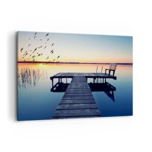 Cuadro sobre lienzo - Impresión de Imagen - Muelle de madera en un lago al amanecer con pájaros - 120x80cm - Fue un buen día - Decoración de pared moderna para salón y dormitorio ARTTOR