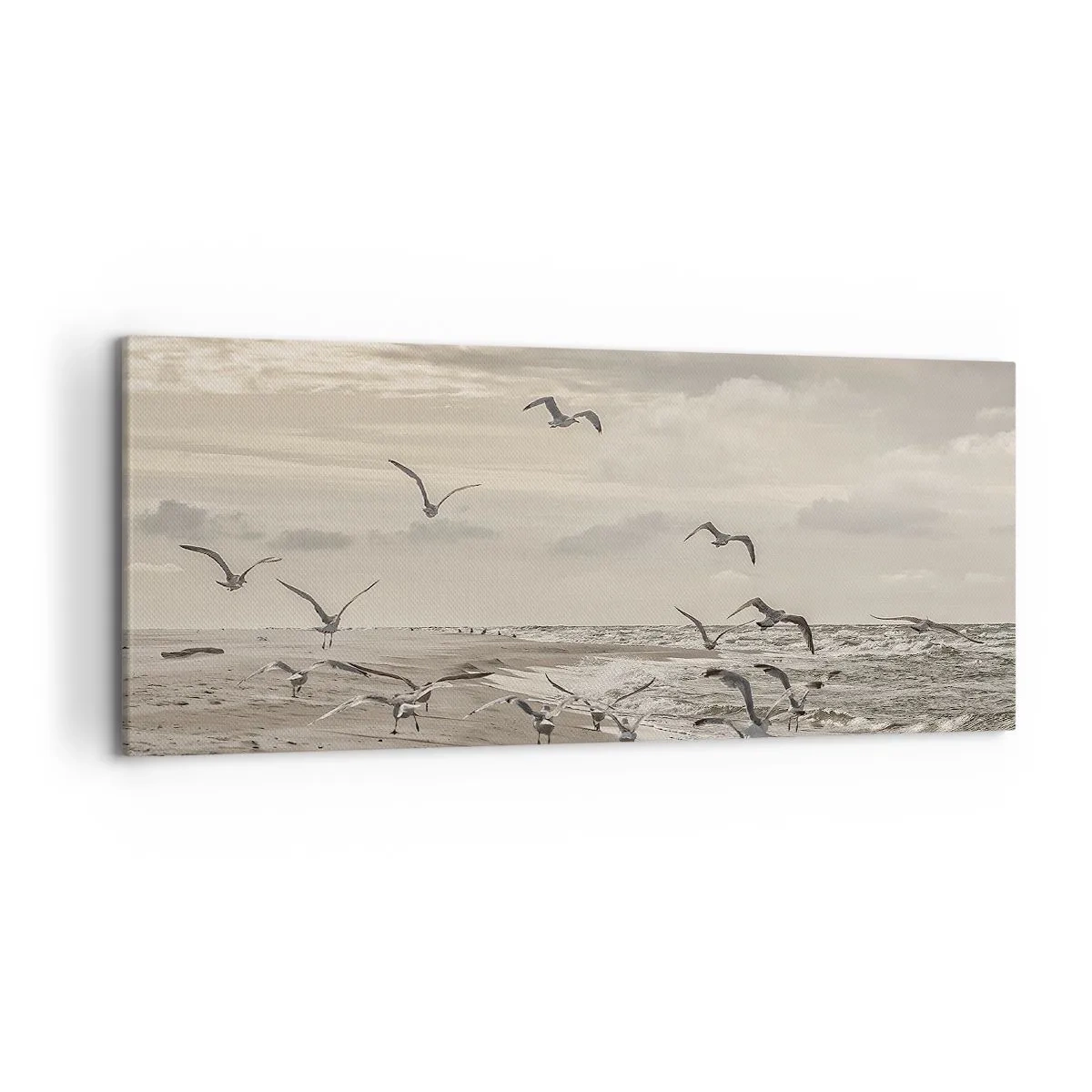 Cuadro sobre lienzo - Impresión de Imagen - Una gaviota en vuelo sobre un paisaje costero - 120x50cm - El sonido del mar, el canto de los pájaros - Decoración de pared moderna para salón y dormitorio ARTTOR