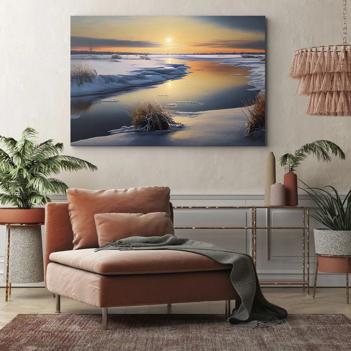 Cuadro sobre lienzo - Impresión de Imagen - Paisaje invernal con un río al atardecer - 70x50cm - Atardecer de invierno - Decoración de pared moderna para salón y dormitorio ARTTOR
