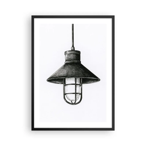Póster en marco negro - Boceto de una lámpara colgante industrial. - 50x70cm - Como hace años... - Decoración de pared moderna para salón y dormitorio ARTTOR