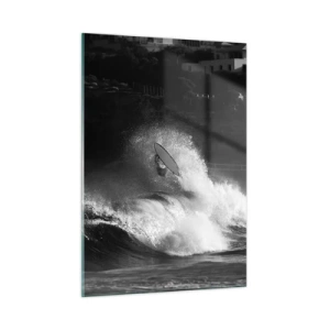 Cuadro sobre vidrio - Impresiones sobre Vidrio - Un surfista montando una ola capturado en una fotografía en blanco y negro. - 50x70cm - Desafío aceptado - Decoración de pared moderna para salón y dormitorio ARTTOR