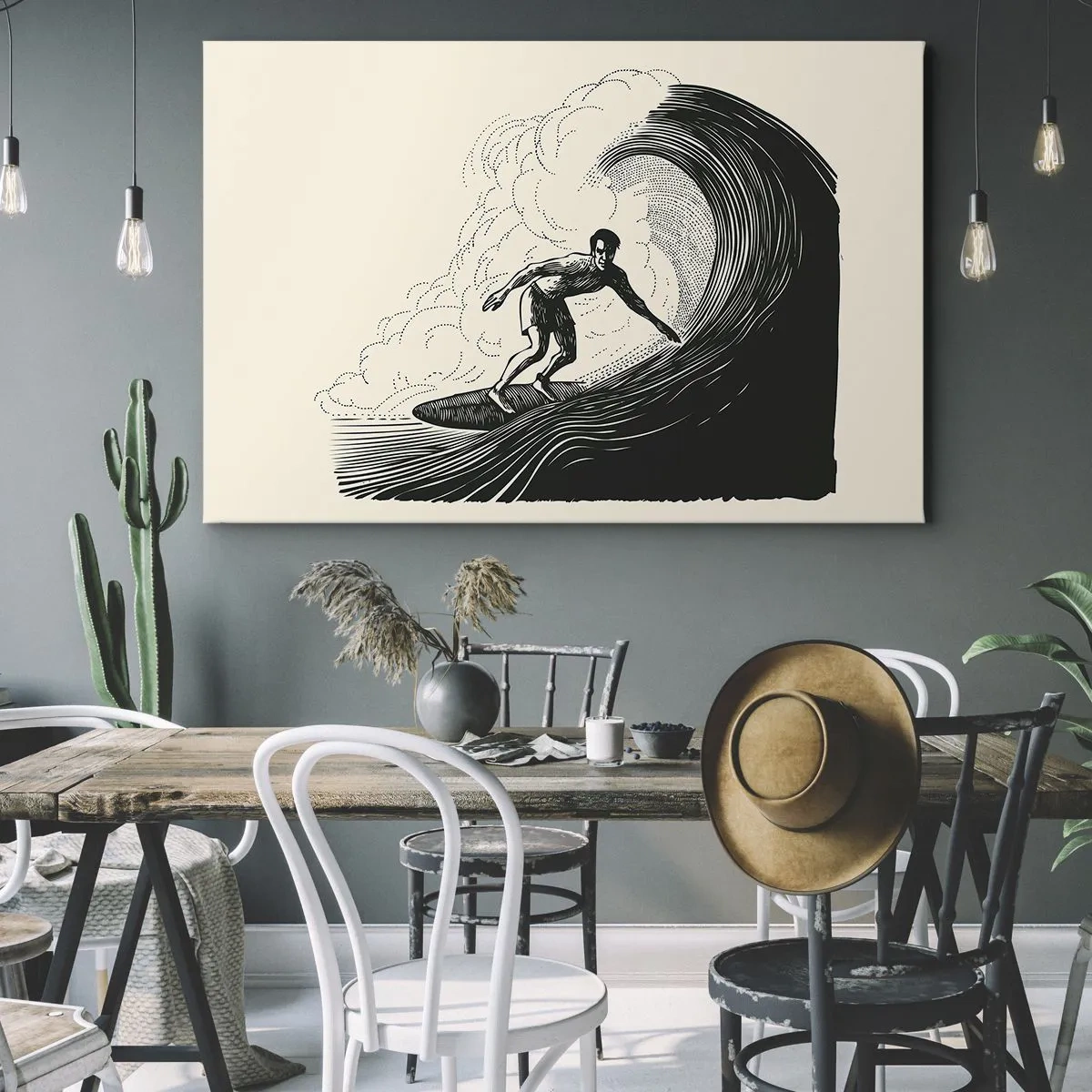 Cuadro sobre lienzo - Impresión de Imagen - Gráfico en blanco y negro de un surfista montando una ola. - 70x50cm - Rey de la ola - Decoración de pared moderna para salón y dormitorio ARTTOR