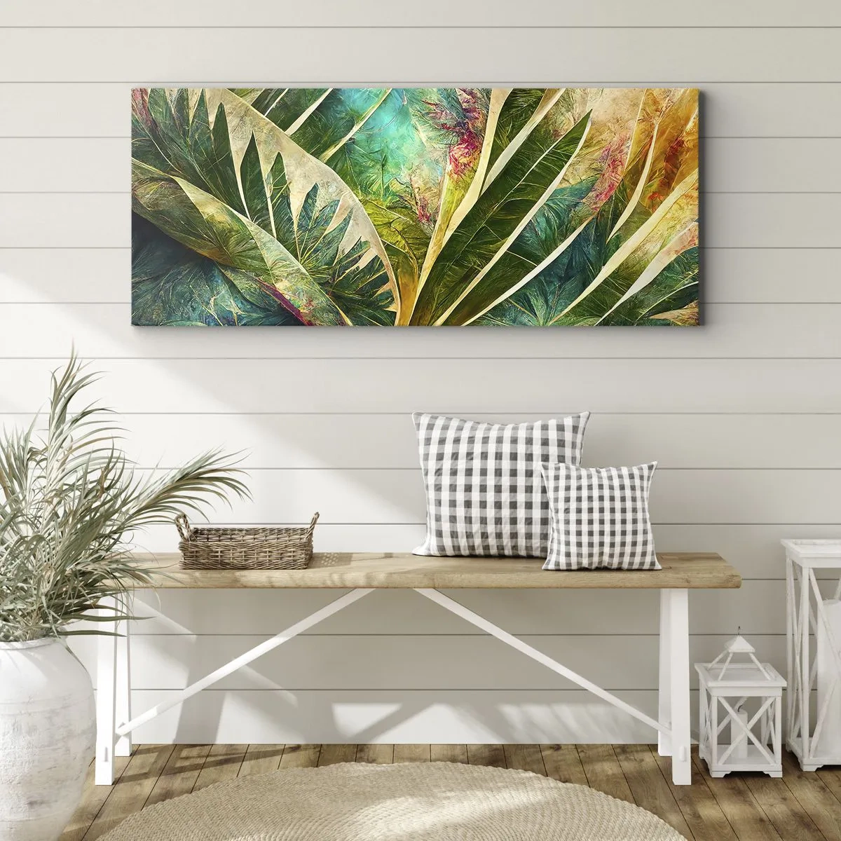 Cuadro sobre lienzo - Impresión de Imagen - Hojas tropicales coloridas sobre un fondo claro - 140x50cm - Los colores del trópico - Decoración de pared moderna para salón y dormitorio ARTTOR
