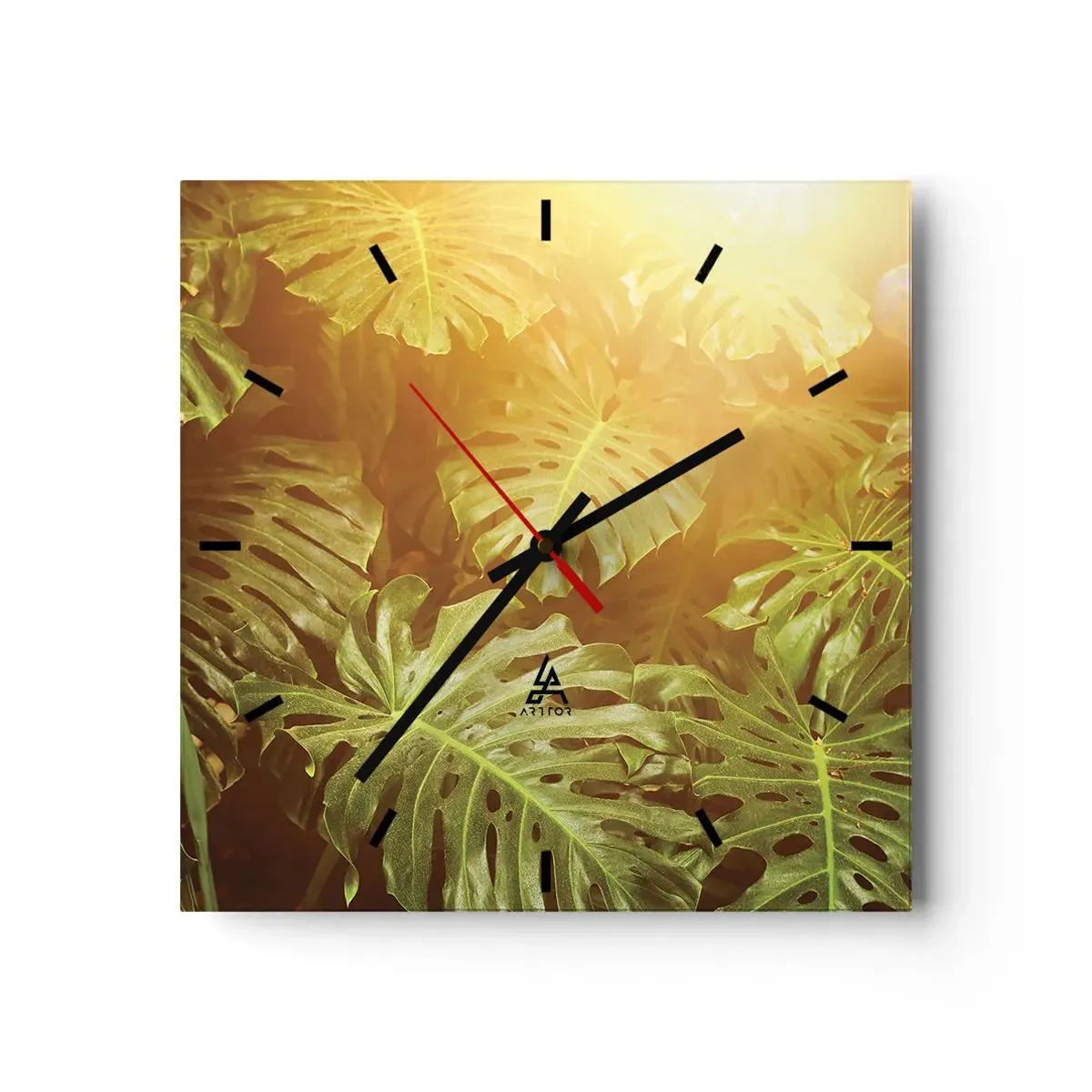 Reloj de pared - Reloj de vidrio - Hojas de monstera a la luz del sol sobre un fondo natural. - 30x30cm - Hacia el verdor... - Decoración de pared moderna para salón y dormitorio ARTTOR