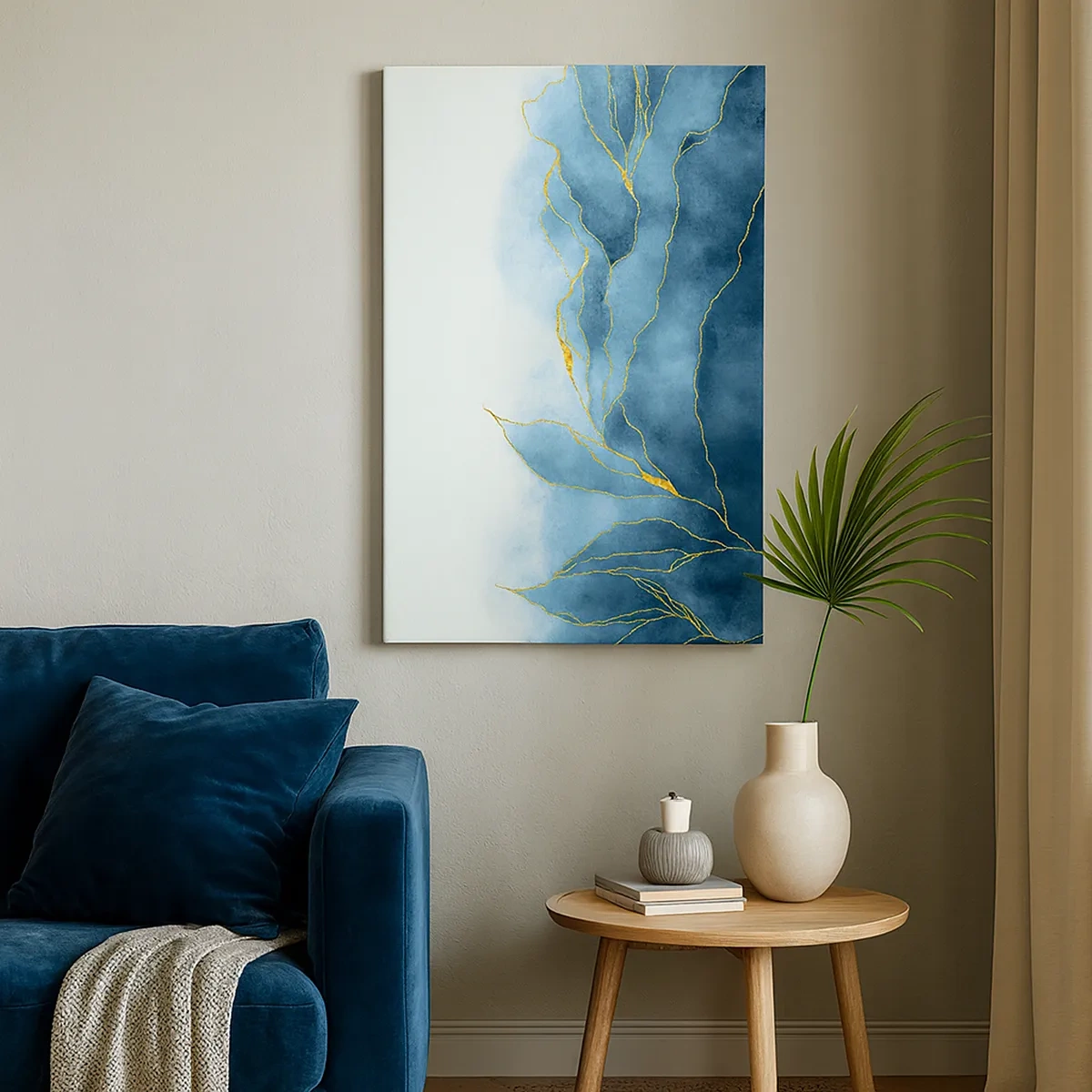 Cuadro sobre lienzo - Impresión de Imagen - Ondas abstractas en tonos azules con acentos dorados. - 50x70cm - Oro y azul - Decoración de pared moderna para salón y dormitorio ARTTOR