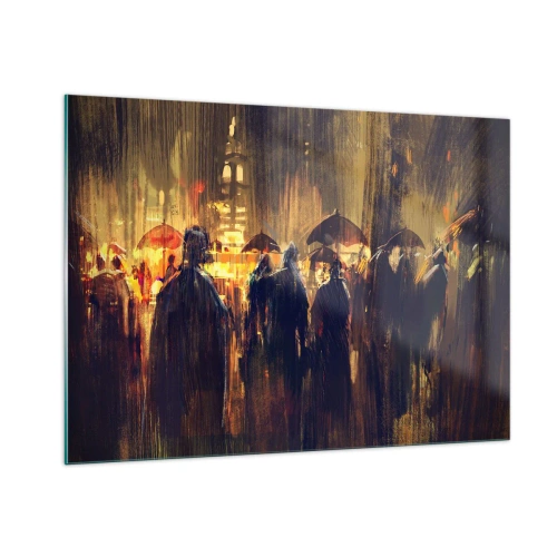 Cuadro sobre vidrio - Impresiones sobre Vidrio - Una multitud con paraguas bajo la lluvia con el telón de fondo de las luces de la ciudad. - 100x70cm - Seguidores de la lluvia - Decoración de pared moderna para salón y dormitorio ARTTOR