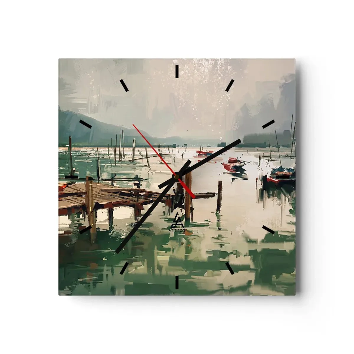 Reloj de pared - Reloj de vidrio - Un puerto pintoresco con barcos en aguas tranquilas. - 30x30cm - Empapado en la luna fundida - Decoración de pared moderna para salón y dormitorio ARTTOR