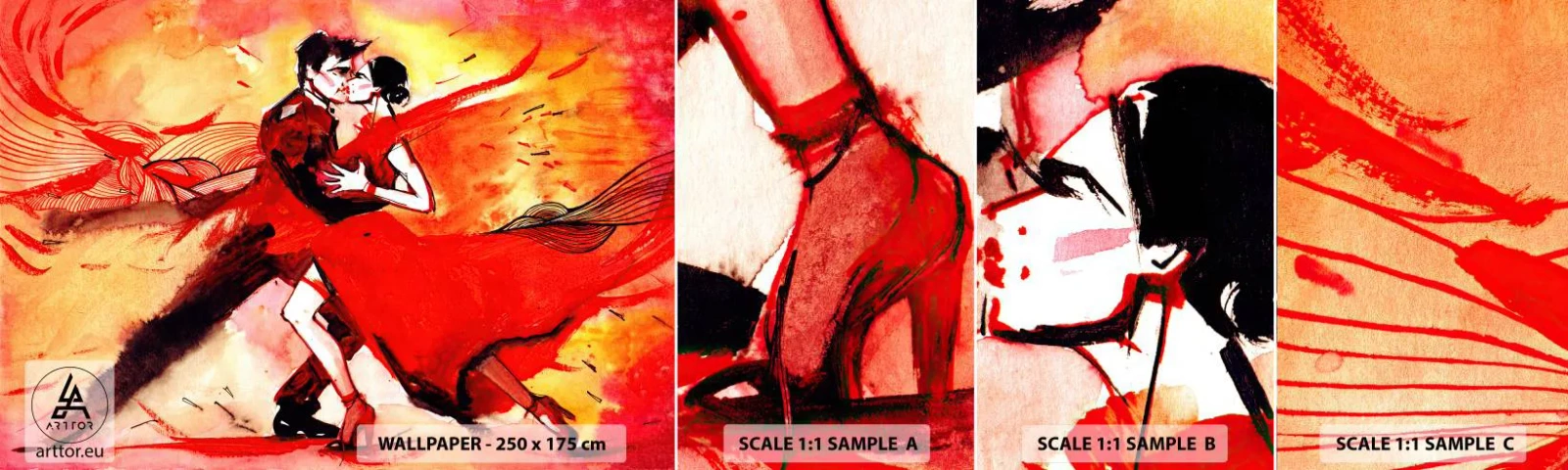 Muestra de fotomural autoadhesivo Deluxe Sticker - Ritmo púrpura de la pasión - Abstracción, Bailar, Tango - 100x30 cm