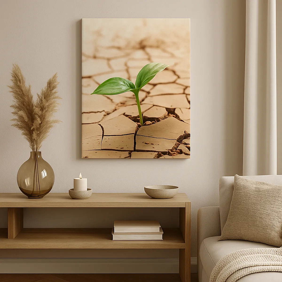 Cuadro sobre lienzo - Impresión de Imagen - Una planta verde que crece en tierra seca y agrietada. - 50x70cm - El poder indomable de la vida - Decoración de pared moderna para salón y dormitorio ARTTOR