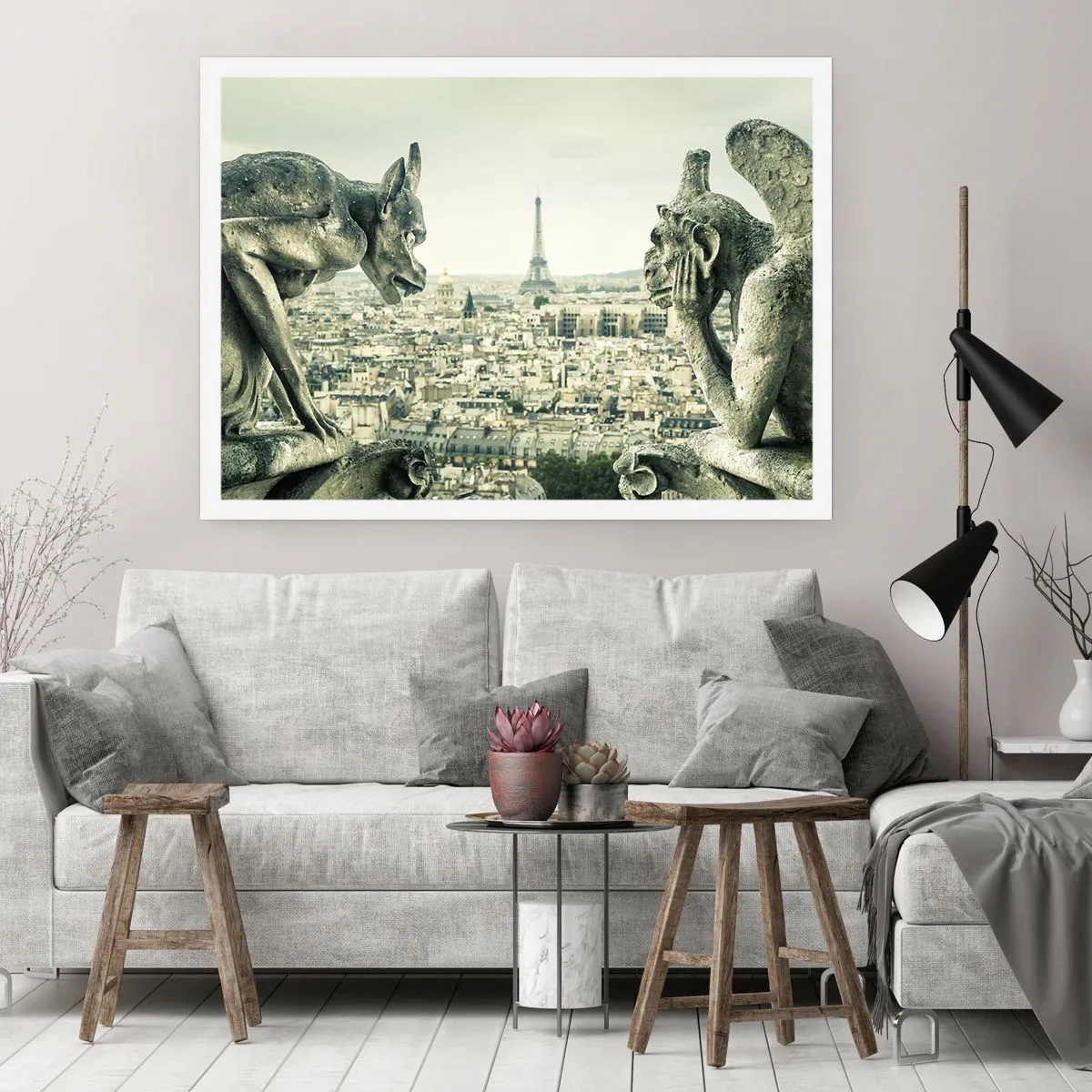 Póster - Gárgolas con vistas al horizonte de París y a la Torre Eiffel - 100x70cm - Charlas parisinas - Decoración de pared moderna para salón y dormitorio ARTTOR