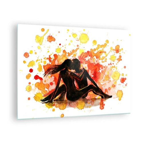 Cuadro sobre vidrio - Impresiones sobre Vidrio - Silueta de una pareja sobre un fondo de manchas de acuarela de colores. - 70x50cm - Momento romántico - Decoración de pared moderna para salón y dormitorio ARTTOR