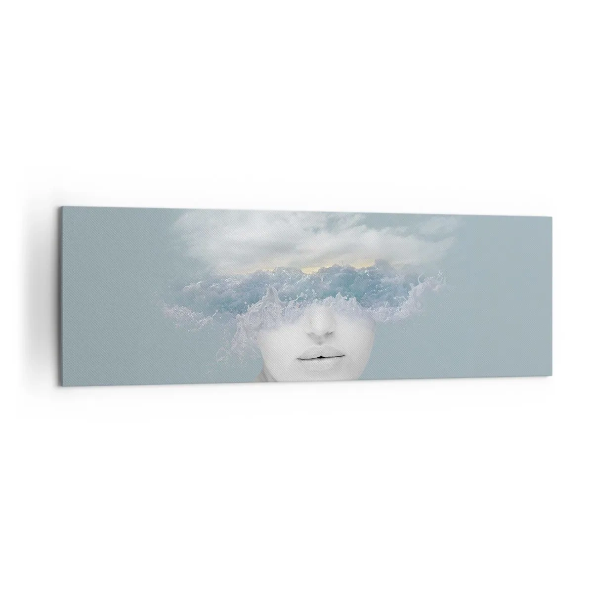 Cuadro sobre lienzo - Impresión de Imagen - Retrato de una mujer con el rostro oculto tras nubes y olas. - 160x50cm - Con la cabeza en las nubes - Decoración de pared moderna para salón y dormitorio ARTTOR