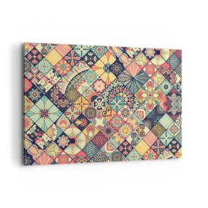 Cuadro sobre lienzo - Impresión de Imagen - Patrones geométricos coloridos inspirados en el estilo marroquí. - 100x70cm - Clima marroquí - Decoración de pared moderna para salón y dormitorio ARTTOR