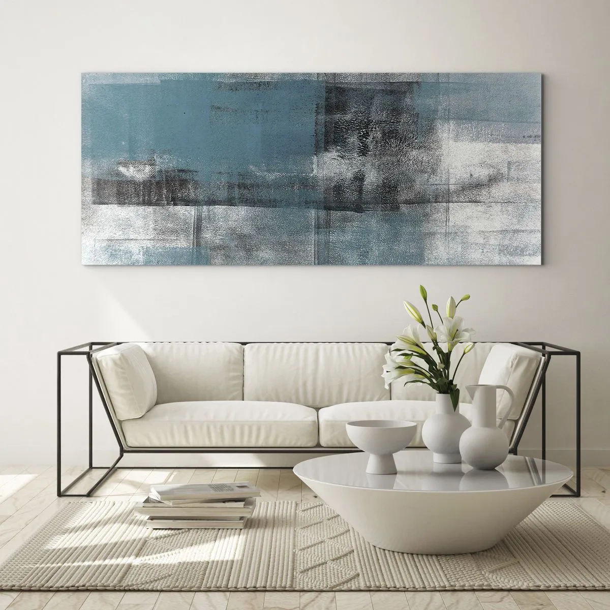 Cuadro sobre vidrio - Impresiones sobre Vidrio - Una composición abstracta en tonos azules con textura y capas. - 120x50cm - Agua y aire - Decoración de pared moderna para salón y dormitorio ARTTOR