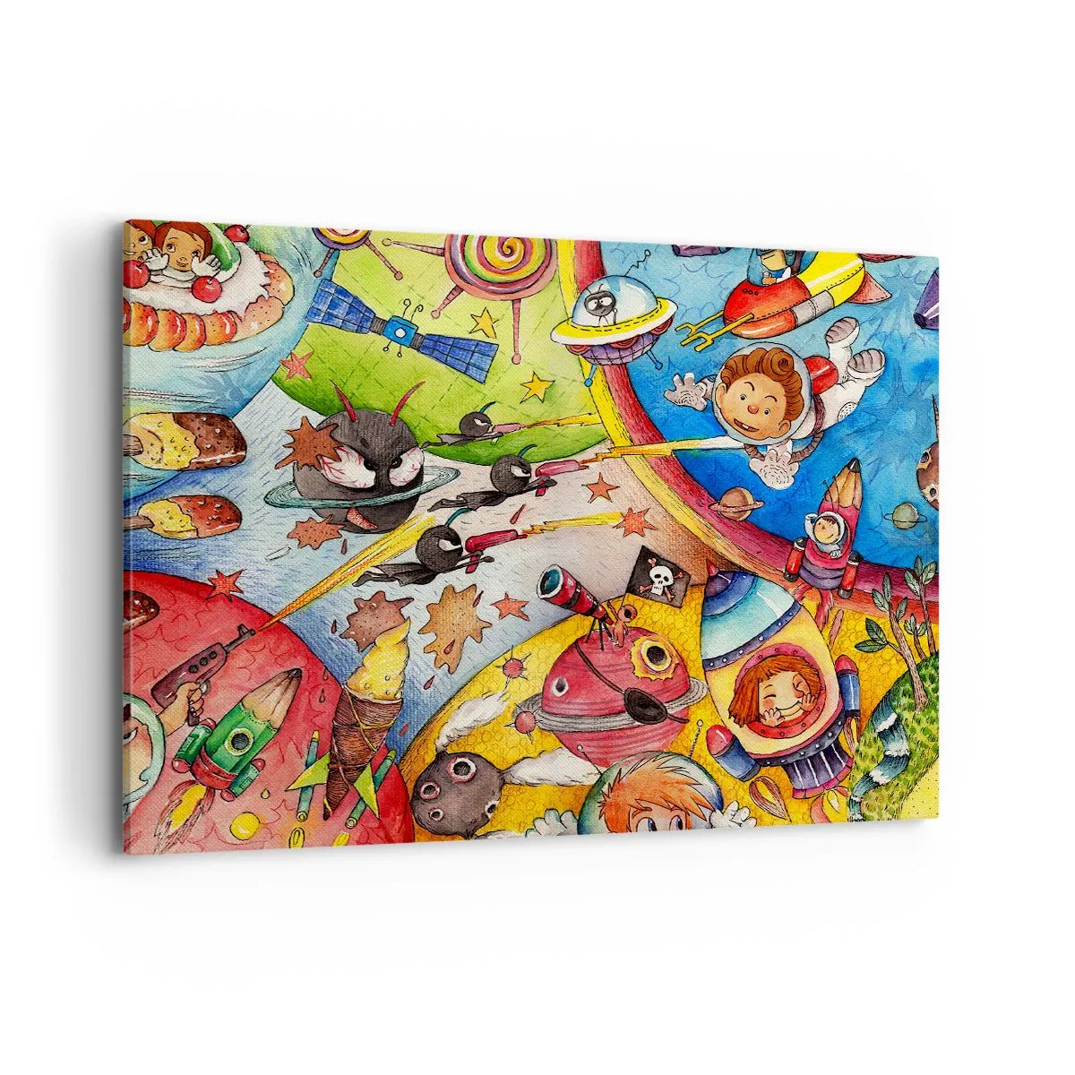 Cuadro sobre lienzo - Impresión de Imagen - Una escena espacial colorida llena de niños y naves espaciales. - 100x70cm - Una gran aventura cósmica - Decoración de pared moderna para salón y dormitorio ARTTOR