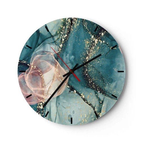 Reloj de pared - Reloj de vidrio - Salpicaduras artísticas de color en tonos turquesa y rosa con acentos dorados. - 30x30cm - Seda azul, tul rosa - Decoración de pared moderna para salón, cocina y dormitorio ARTTOR