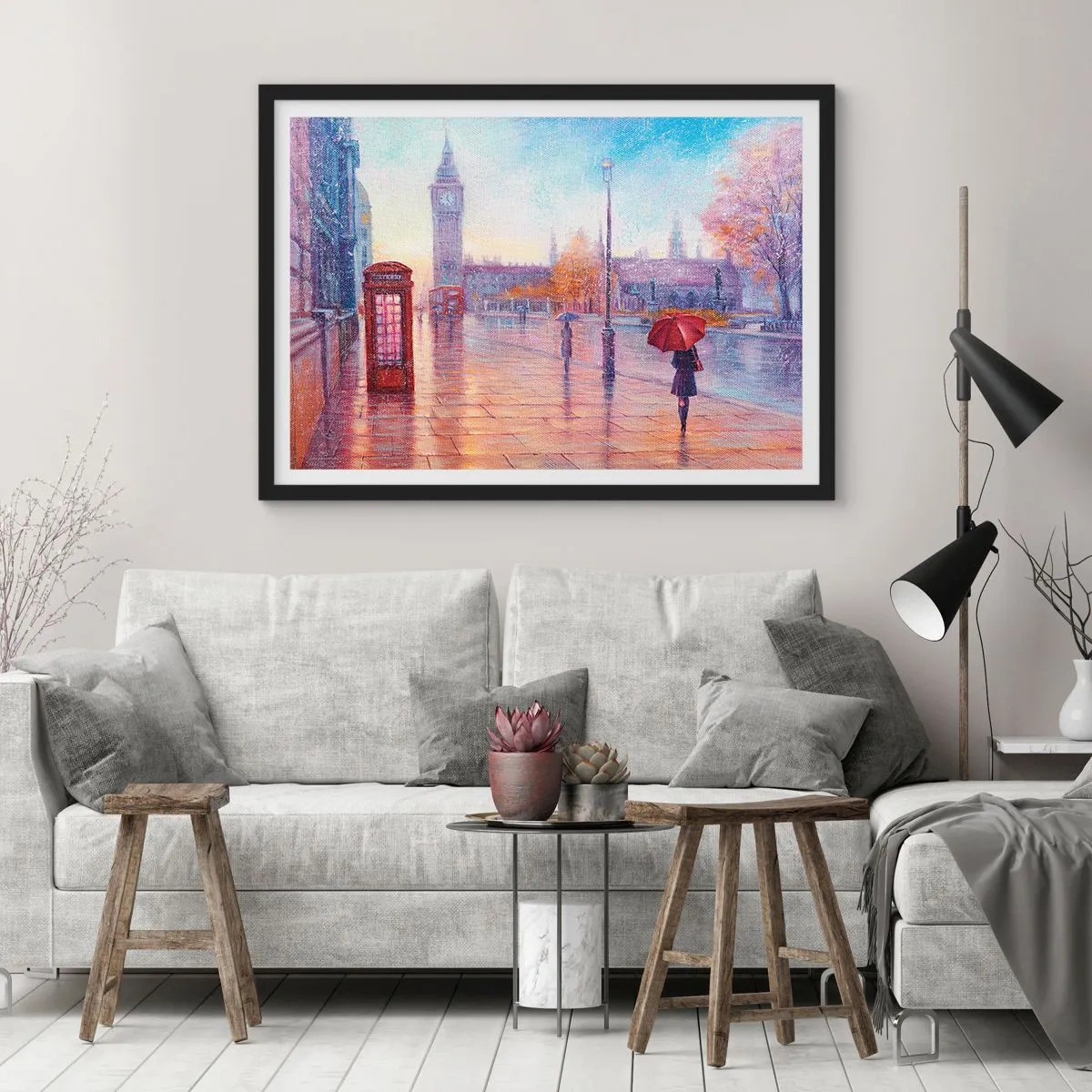 Póster en marco negro - Calle de Londres con el Big Ben en un día lluvioso - 100x70cm - Un día de otoño en Londres - Decoración de pared moderna para salón y dormitorio ARTTOR