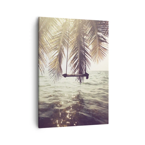Cuadro sobre lienzo - Impresión de Imagen - Palmera con columpio sobre el agua bajo la luz del sol. - 50x70cm - Columpiar la imaginación - Decoración de pared moderna para salón y dormitorio ARTTOR