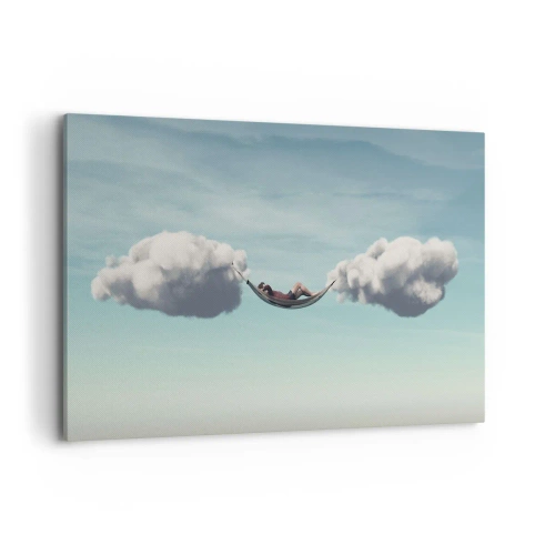 Cuadro sobre lienzo - Impresión de Imagen - Una persona relajándose en una hamaca suspendida en las nubes. - 120x80cm - La felicidad del momento - Decoración de pared moderna para salón y dormitorio ARTTOR