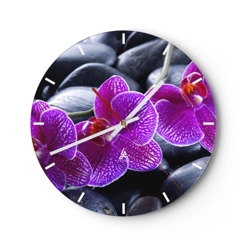Reloj de pared - Reloj de vidrio - Orquídeas moradas sobre un fondo de piedras negras. - 30x30cm - Las piedras brillan con deleite - Decoración de pared moderna para salón, cocina y dormitorio ARTTOR