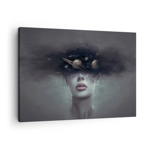 Cuadro sobre lienzo - Impresión de Imagen - Un rostro de mujer con un motivo de planeta y espacio en el fondo. - 70x50cm - Y los planetas sienten... - Decoración de pared moderna para salón y dormitorio ARTTOR