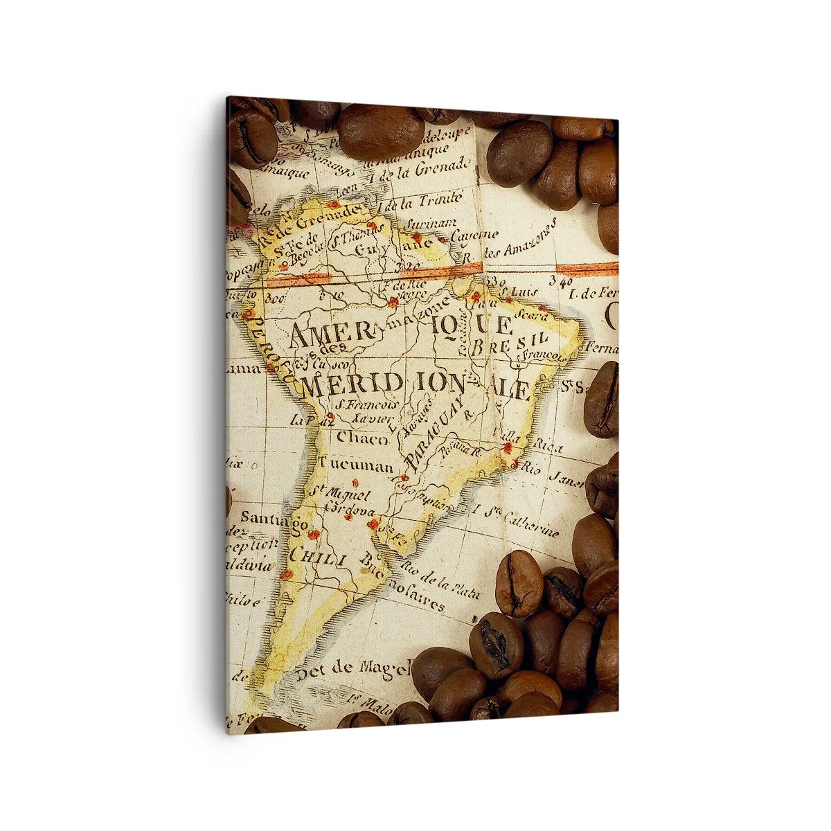 Cuadro sobre lienzo - Impresión de Imagen - Un mapa de Sudamérica rodeado de granos de café. - 70x100cm - ¿De dónde viene el mejor café? - Decoración de pared moderna para salón y dormitorio ARTTOR