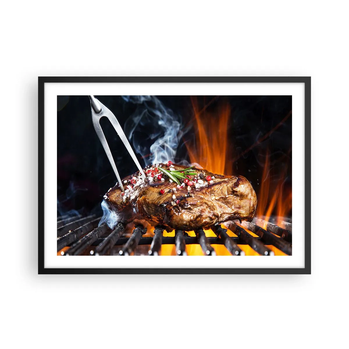 Póster en marco negro - Filete a la parrilla con especias - 70x50cm - Jugoso y fragante - Decoración de pared moderna para salón y dormitorio ARTTOR