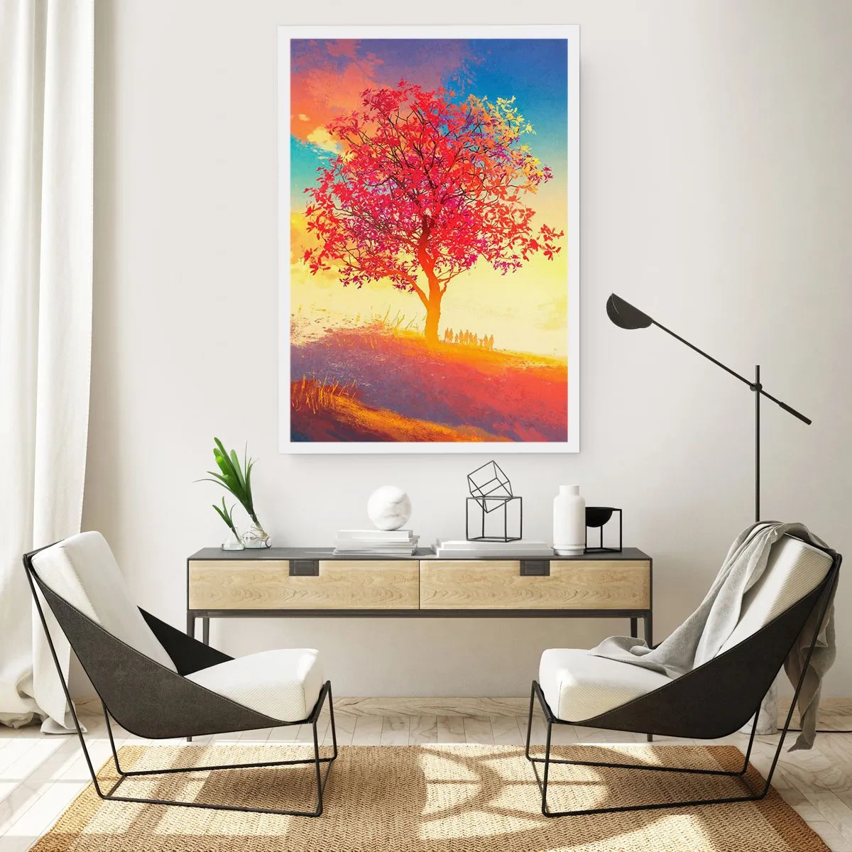 Póster - Un árbol con hojas rojas contra el fondo del sol poniente. - 50x70cm - Un peregrino en su destino - Decoración de pared moderna para salón y dormitorio ARTTOR