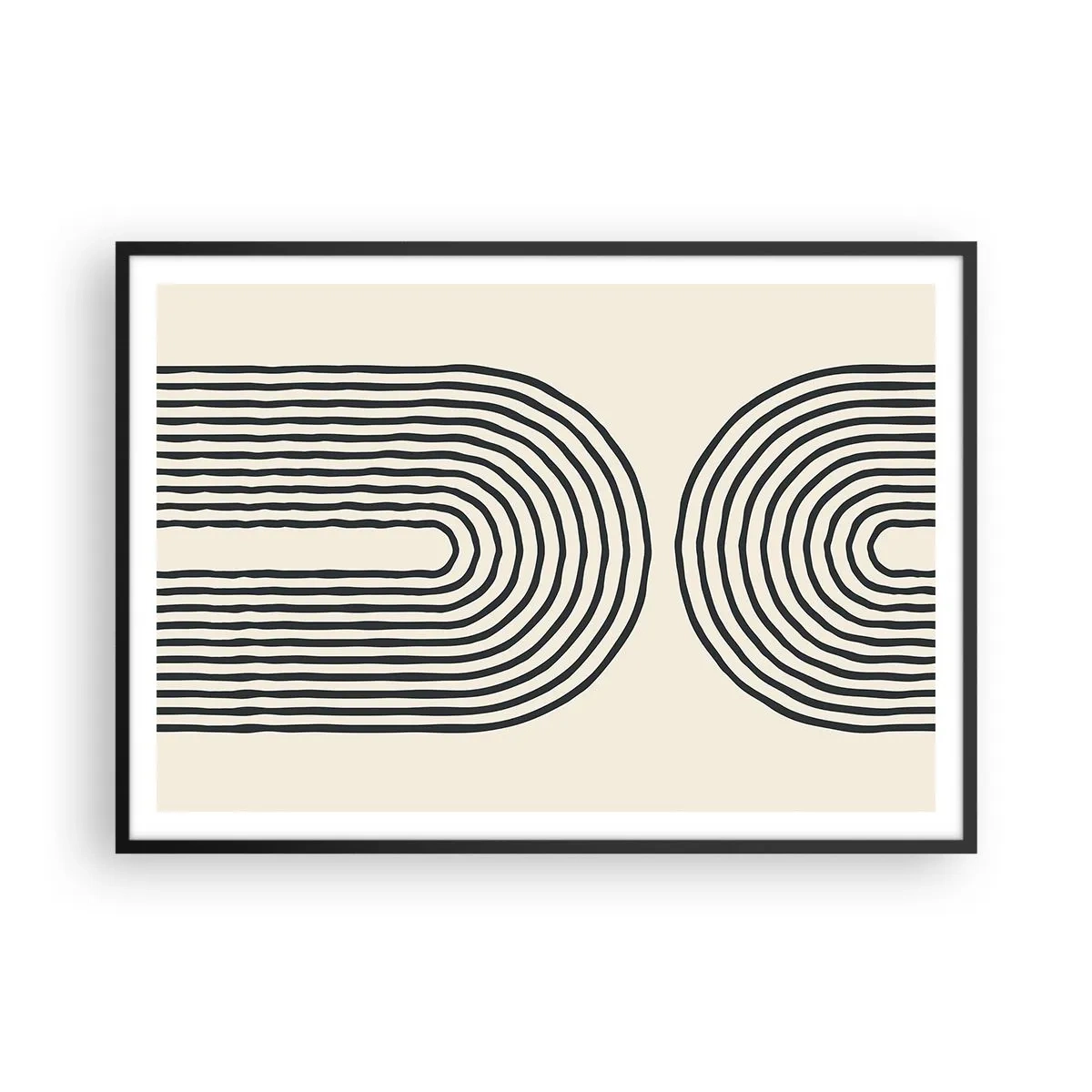 Póster en marco negro - Patrón geométrico abstracto con líneas simétricas sobre un fondo claro. - 100x70cm - Próximamente... - Decoración de pared moderna para salón y dormitorio ARTTOR